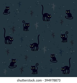Pattern with funny cats on blue background. Vector illustration.