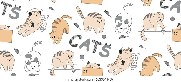 Pattern of funny cats on a white background. Pets listen to music, play with a mouse, hunt, hide in a box, throw a glass.