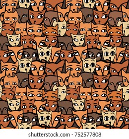 Pattern with funny cats in yellow and orange colors. Vector image in the style of a children's illustration.