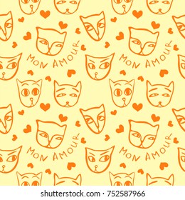 Pattern with funny cats in yellow and orange colors. Vector image in the style of a children's illustration.