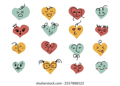 Pattern of funny characters with hand-drawn faces. Great set of hippie love stickers. Happy Valentine's Day concept. Trendy retro emoji in 60s 70s style. Y2K aesthetics.