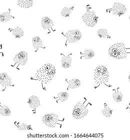 Pattern with funny chicken in doodle style, black outline isolated on white background stock vector illustration for design and decor, prints, wrapping paper, fabrics