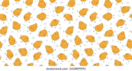 Pattern funny chickens. Hand drawn linear icons. Easter design. Cartoon  chick. Animals, Doodle style. Domestic bird. Seamless background. Vector illustration.