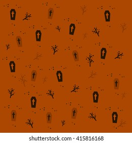 Pattern with funny coffin on brown background. Halloween pattern. Halloween vector illustration.