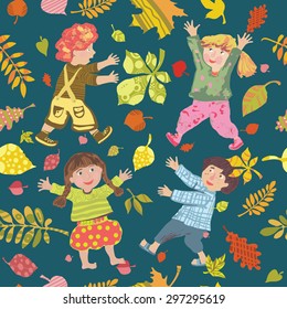 The pattern with funny colored children and autumn leaves of different shapes and colors