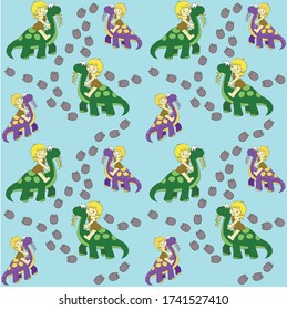 Pattern of funny and cute cartoon dinosaur images and footprints. 