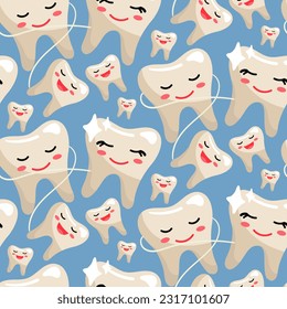Un patrón de divertidos dientes bonitos sanos con hilo dental. Tópicos que cepillan dientes. Graciosa ilustración vectorial. Fondo azul para la odontología. impresión en textiles y papel. Caricatura adorable adorno