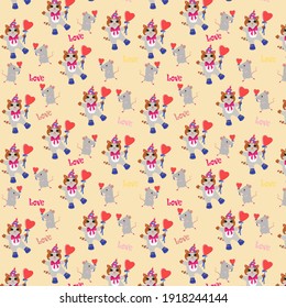 Pattern of funny dancing cats and mice with a heart