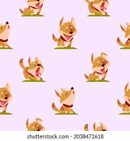 Pattern with funny dogs on a light pink background. Vector illustration.