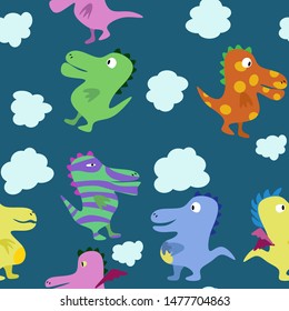 A pattern with funny dragons, dinosaurs and clouds. Suitable for decoration of children's accessories and room accessories. Vector illustration