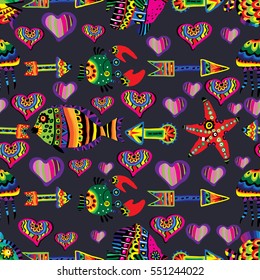 Pattern with funny fish, crab and arrows.