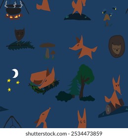 Pattern with funny fox, trees and owl at night. Vector, free hand drawing. Doodle like. Stylish and modern