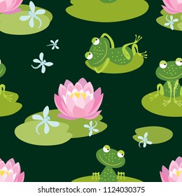 Pattern of funny frogs on a flowering pond