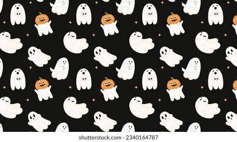 pattern with funny ghosts on a black background. Cute flying souls, halloween characters. Ghosts in flight, scary ghosts, different emotions, pumpkins, mummy