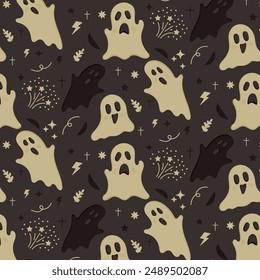 A pattern with funny ghosts on a dark background in the flat style.