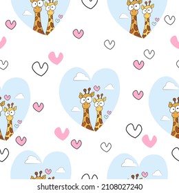 Patrón con girafas divertidas.Amo.Gráficos vectoriales.Adecuado para papel, papel, tela, fondo. 