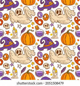 Pattern of funny Halloween elements on a light background. Ghost, witch hat, pumpkin and potion. Idea for decorating printing, wrapping paper and much more.