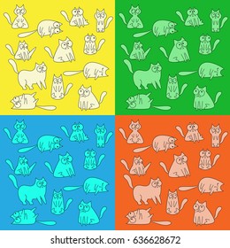 Pattern with funny hand drawn cats for your design on yellow, green, red and blue background. Animals vector illustration, eps 10.  