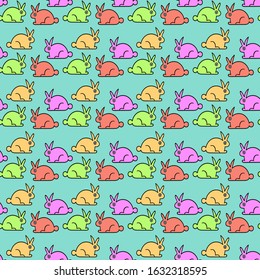 Pattern funny hares of yellow, pink, red on a turquoise background, vector illustration, Easter theme, print, fabrics, wrapping paper