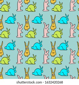 Pattern funny hares of yellow, pink, red on a turquoise background, vector illustration, Easter theme, print, fabrics, wrapping paper