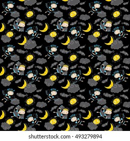 Pattern with funny little angels and demons in the clouds, moons and suns on black background