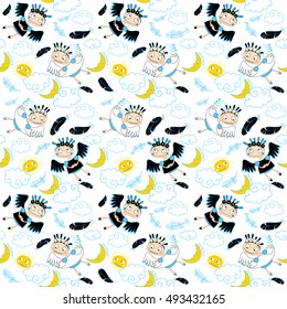 Pattern with funny little angels and demons in the clouds, moons and suns on white background