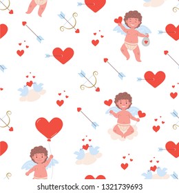Pattern with  funny little  cupid boys, red hearts, birds in love, bows and arrows. Vector texture in flat style 
