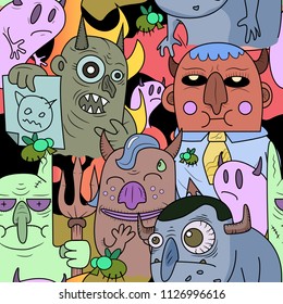 Pattern. Funny multi-colored devils. Vector drawing cartoon