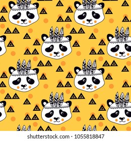 Pattern with funny pandas and geometric ornaments