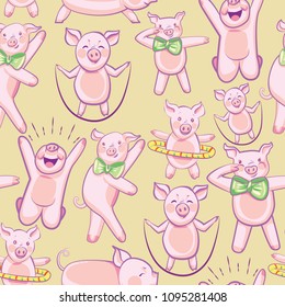 pattern with FUNNY PIGS. A set of pigs engaged in sports and dancing