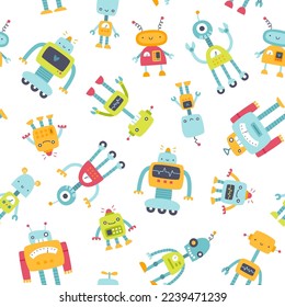 Pattern with funny robots for kids. Seamless vector print with cute robots for baby textile and apparel.