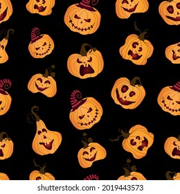 A pattern of funny and scary pumpkins on a black background.For decorating fabrics and surfaces,for printing brochures, posters, parties, vintage textile design, postcards, wallpaper or packaging.