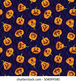 Pattern with Funny Smiling Halloween Pumpkins. Halloween pumpkin heads in different forms and emotions in flat style on a wavy violet background for your design, prints, textures.