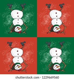 Pattern with Funny Snowman upside down in  cartoon style. Cute winter holiday. Black line ink person in hat and knitted scarf. Vector hand drawn doodle illustration