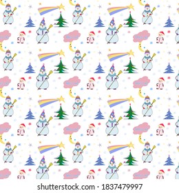 Pattern with funny snowmen and Christmas trees