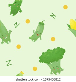 Pattern with funny vegetables. Funny, smiling vegetables: broccoli, peas, corn, cucumber in the kawaii style.