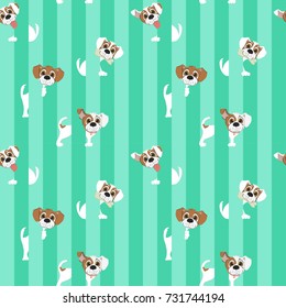 Pattern with funny white dog on striped background. Vector illustration.