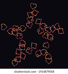 Pattern with gambling suit symbols. Colored illustrations with hearts, spades, clubs, diamonds. Template for advertising parties, events in Vegas. 