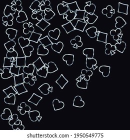 Pattern with gambling symbols. Colored illustration with hearts, spades, clubs, diamonds. Template for advertising parties, events in Vegas. 