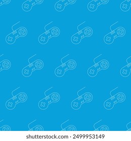 Pattern of game controller icons on a blue background, representing retro gaming.