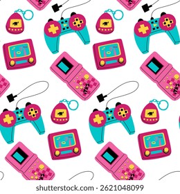 pattern of game items from the 90s. A digital gadget, a joystick in the retro style of the 90s, a water game, tamagotchi. flat vector illustration, Seamless texture. Retro-style game item