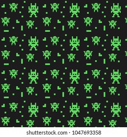 Pattern game ornament with pixel art with green monsters on black background