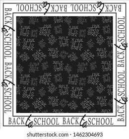 Pattern of game Tic Tac Toe. Drawing of white contour on black background. Around drawing text Back to school in frame. Vector illustration for design of supplies, stationery, textiles, advertising.