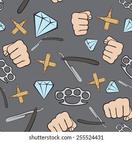 pattern gangster elements. fist, bullet, diamond, brass knuckles, razor. vector background