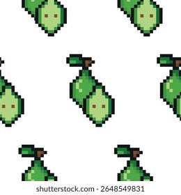 pattern with garden fruit in pixel art style, namely a green pear icon, retro 8-bit graphics style with visible square pixels and a minimal color palette