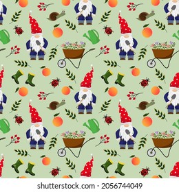 Pattern With Garden Gnomes. Trolley With Flowers, Fruits And Insects In The Garden. Vector Illustration. For Use In Prints, Covers And Flyers, Baby Products, Packaging.