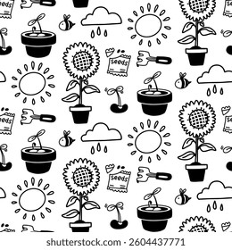 pattern of garden plants, nature, and seeds in doodle style, highlighted on a white background. The texture is in the theme of planting plants. Spring motifs and garden elements, tools. Monochrome