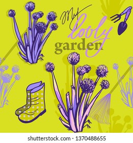 pattern garden tools and bow flowers