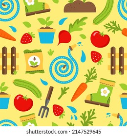 Pattern Garden Tools Equipment Gardening Agriculture Vector illustration isolated on yellow 
