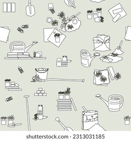 Pattern of garden tools and supplies, for making a facade garden or small garden drawings in green and white